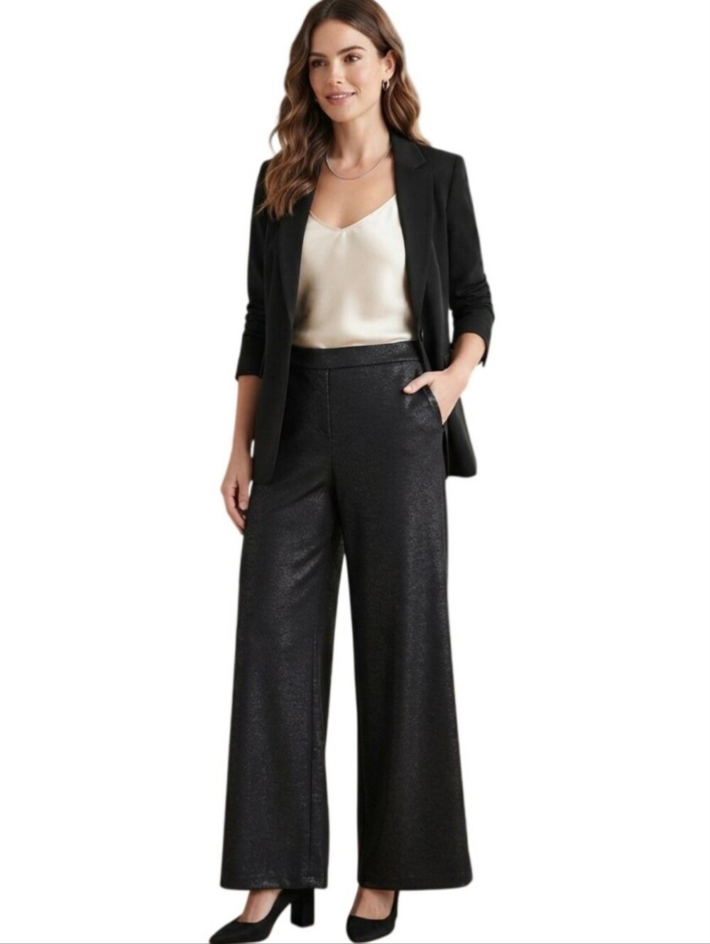 Rachel Zoe Black Silver Shimmer Wide Leg Party Night Out Pants Size 8